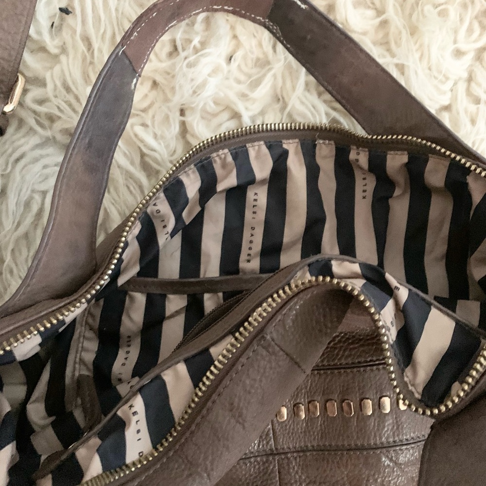 Kelsi Dagger | Pebbled Putty Stone Brown Leather Bag Hand Strap or Crossbody - Picture 8 of 16
